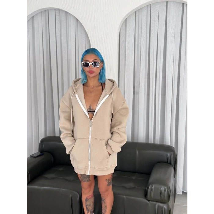 Oversize Tam Fermuarlı Uzun Kol Hırka - Bej -