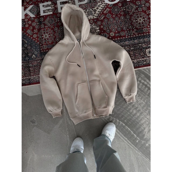 Oversize Tam Fermuarlı Uzun Kol Hırka - Bej -