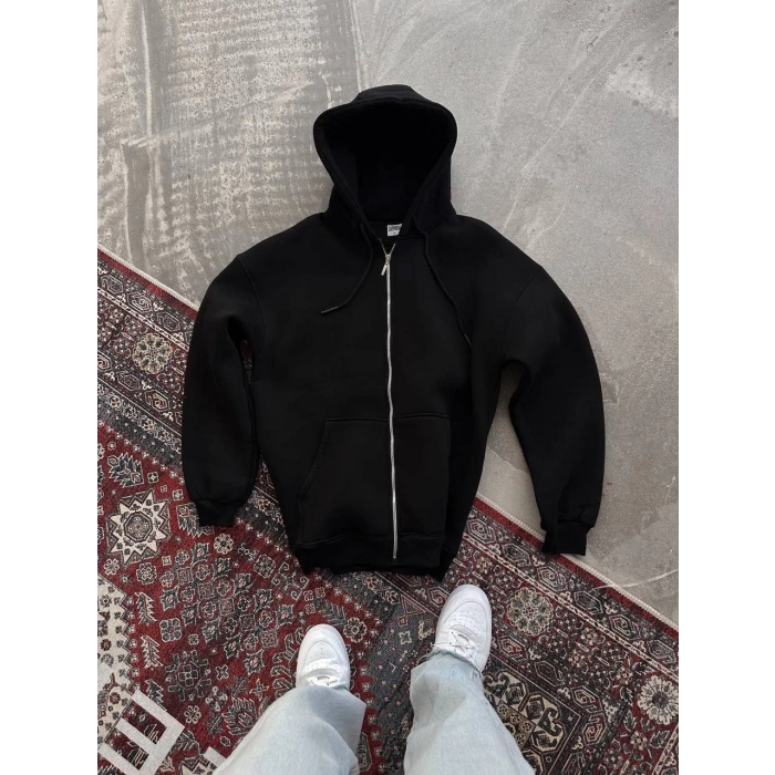 Oversize Tam Fermuarlı Uzun Kol Hırka - Siyah -