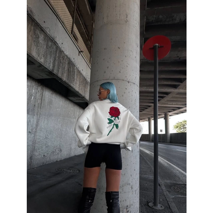 Oversize Üç İplik Bisiklet Yaka Baskılı SweatShirt - Beyaz -