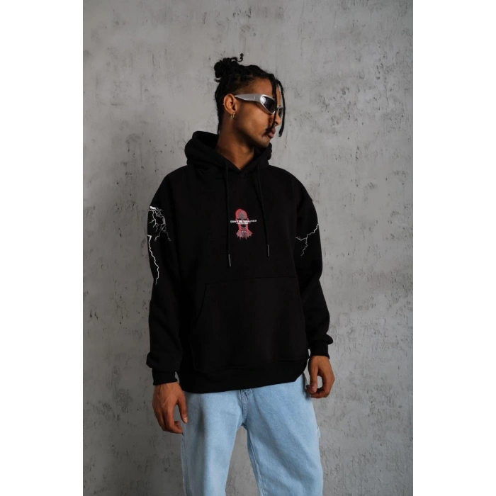 Oversize Üç İplik Kapüşonlu Sweatshirt – Siyah “Don’t Be Terrified” Ön, Sırt ve Kol Baskılı, Kanguru Cepli, Ribanalı Rahat Model- Siyah -