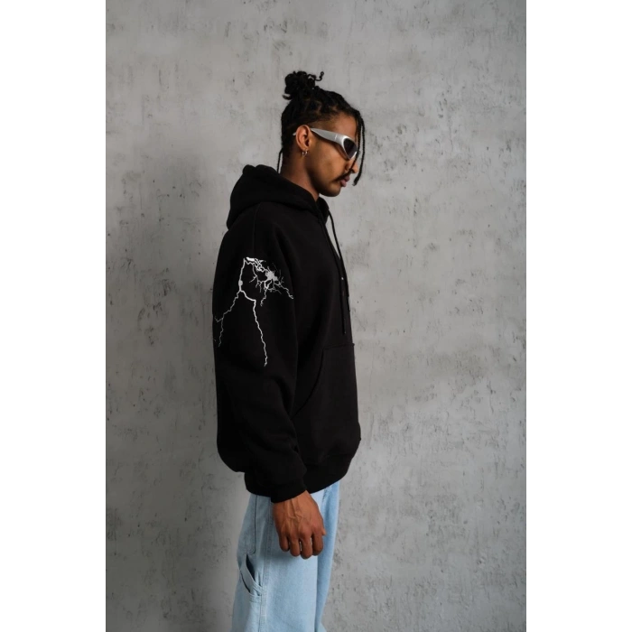 Oversize Üç İplik Kapüşonlu Sweatshirt – Siyah “Don’t Be Terrified” Ön, Sırt ve Kol Baskılı, Kanguru Cepli, Ribanalı Rahat Model- Siyah -