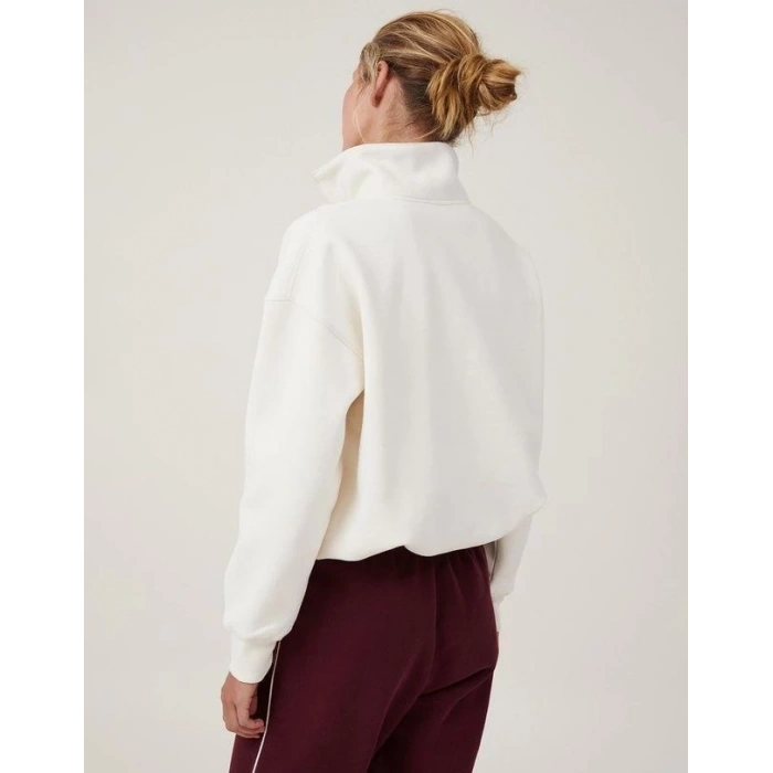 Oversize Yarım Farmuarlı Yakalı Basic SweatShirt - Beyaz -