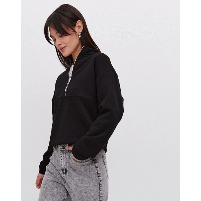 Oversize Yarım Farmuarlı Yakalı Basic SweatShirt - Siyah -