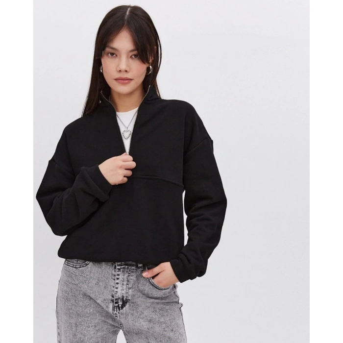 Oversize Yarım Farmuarlı Yakalı Basic SweatShirt - Siyah -