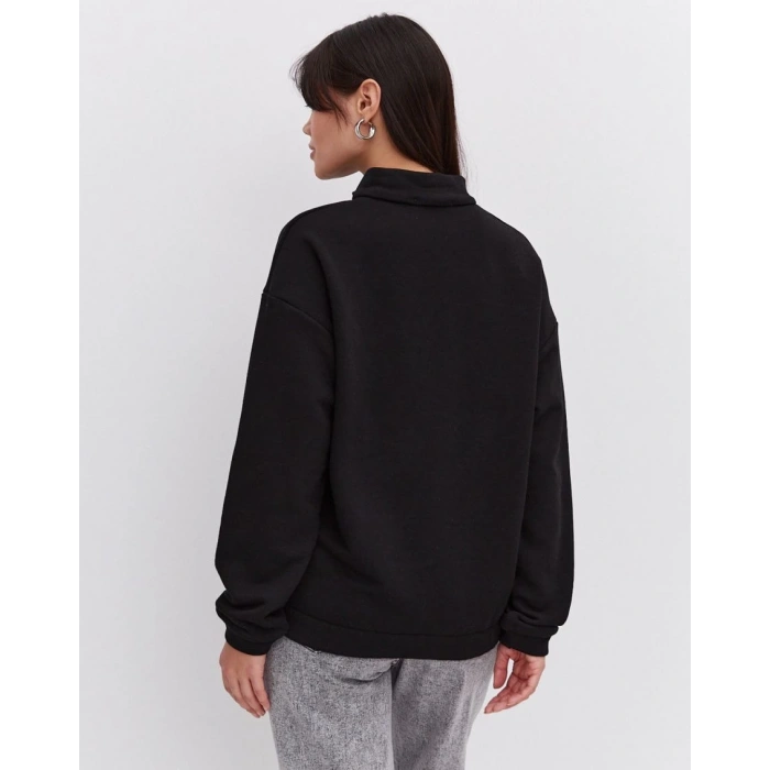 Oversize Yarım Farmuarlı Yakalı Basic SweatShirt - Siyah -