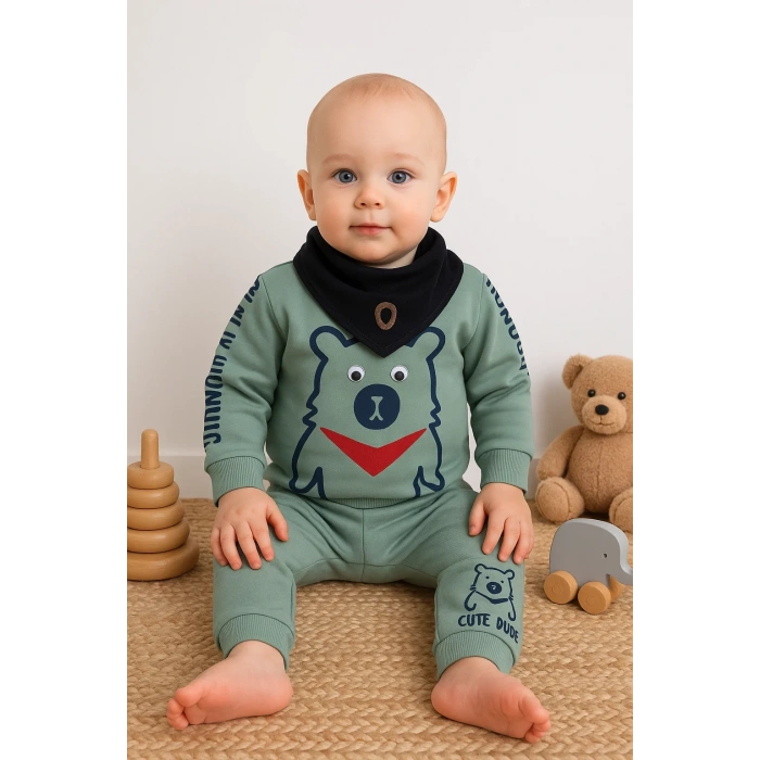 Oynar Gözlü Fularlı 3lü Erkek Bebek Takımı