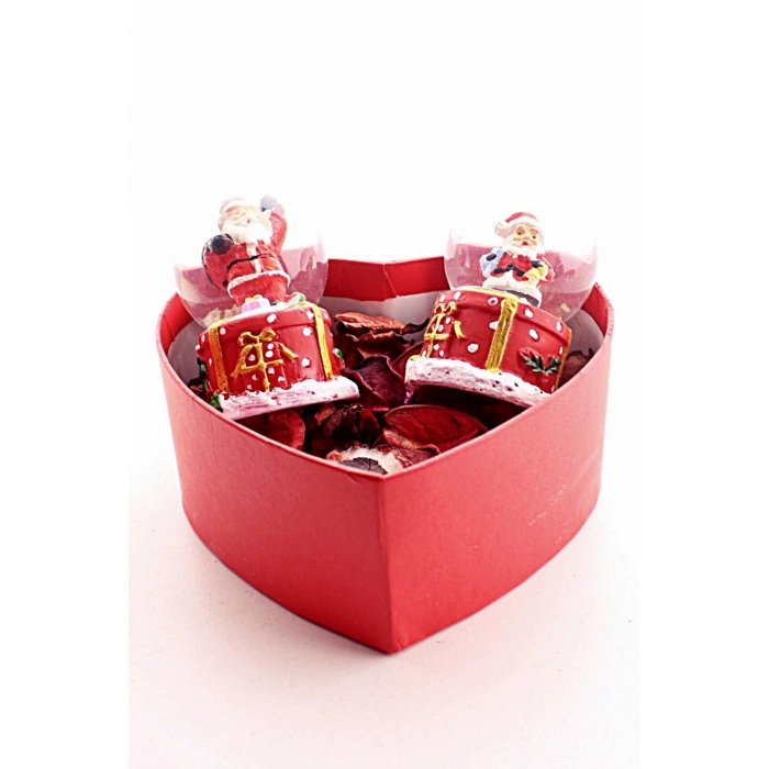Özel Kalp Kutu İçinde 2 Adet Noel Baba  Kar Küresi 6,5 cm ve Kuru Gül