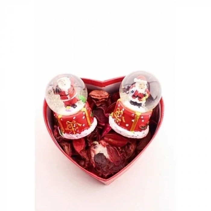 Özel Kalp Kutu İçinde 2 Adet Noel Baba Kar Küresi 6,5 cm ve Kuru Gül