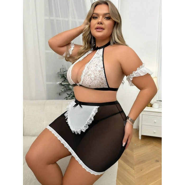 Özel Tasarım Büyük Beden Dantelli Fantezi Hizmetçi Kostümü