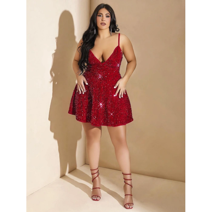 Özel Tasarım Büyük Beden Kırmızı Payetli Parlak Işıltılı Göğüs Dekolteli Kırmızı Mini Club Elbisesi