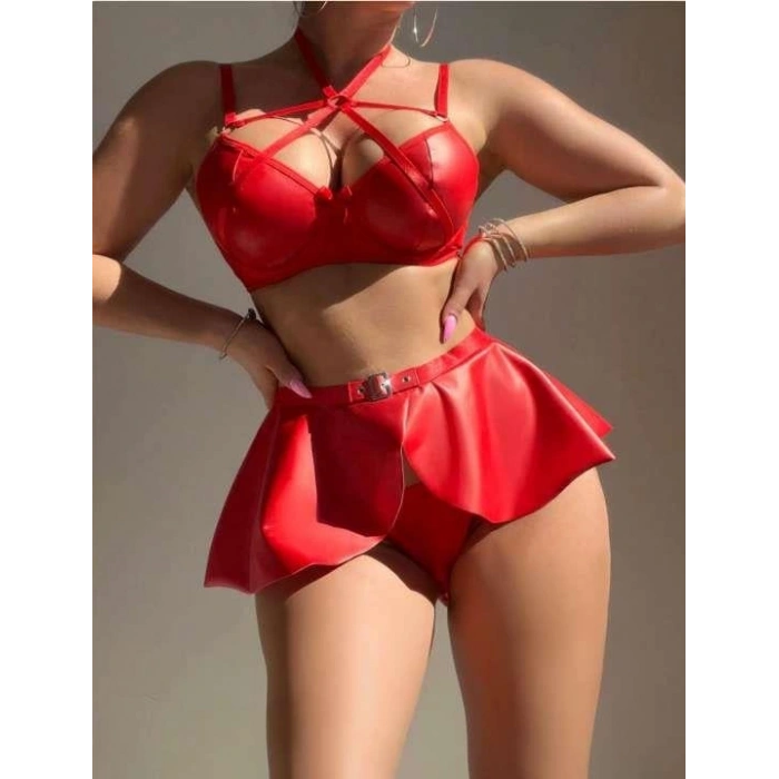 Özel Tasarım Kırmızı Etekli Fantezi Deri Şık Elbise