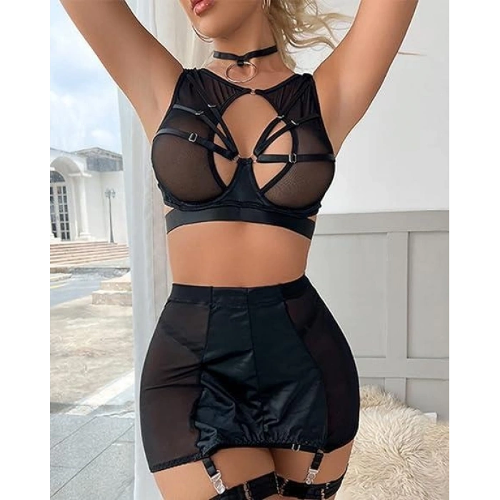 Özel Tasarım Seksi Etekli Siyah Fantezi Jartiyer Takımı