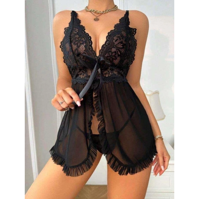 Özel Tasarım Siyah Dantel İşlemeli Yırtmaçlı Kurdelalı Tül Fantezi Şık Gecelik