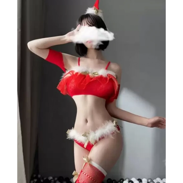 Özel Tasarım Transparan Büstiyer Kostüm Seti FiYONKLU Peluş Detaylı File Çoraplı