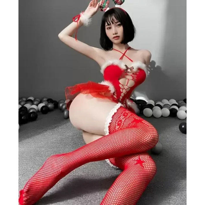 Özel Tasarım Transparan Büstiyer Kostüm Seti Peluş Detaylı File Çoraplı