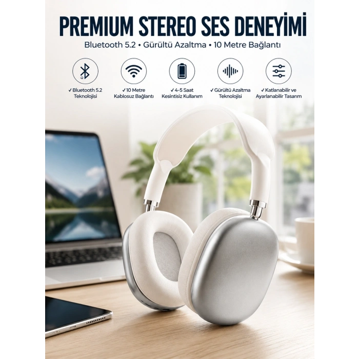 P9 Plus Kablosuz Kulak Üstü Bluetooth Kulaklık Beyaz Yüksek Ses Kaliteli
