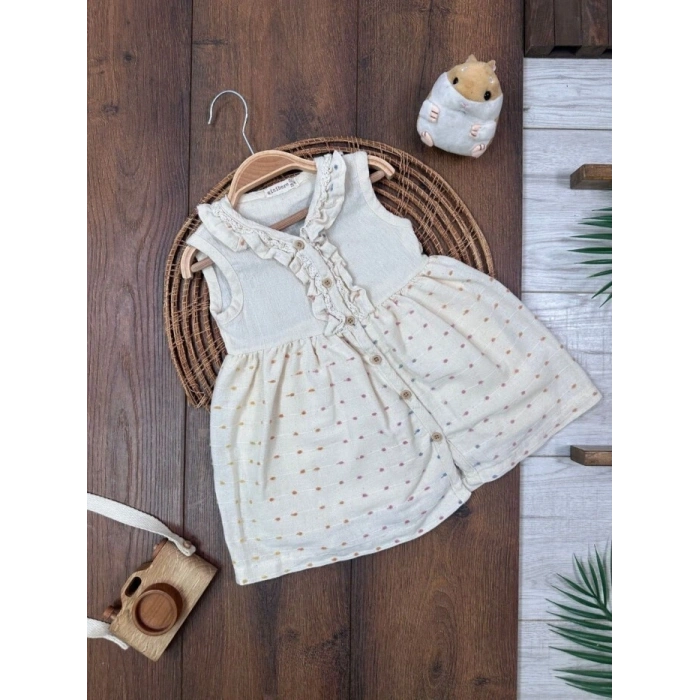 Pamuk Keten Diz Altı Kız Bebek Elbise