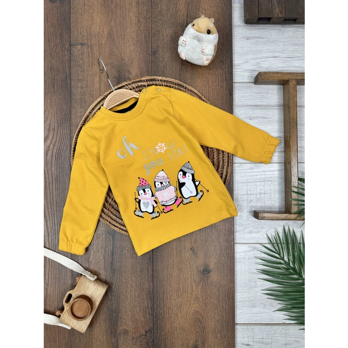 Pamuklu Bisiklet Yaka Kız Bebek Tek Üst