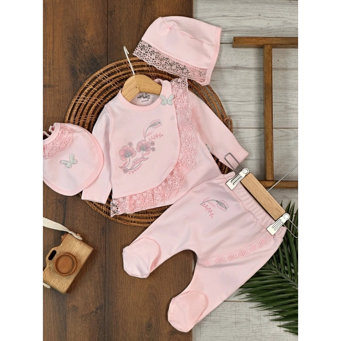 Pamuklu Çiçek Nakışlı Uzun Kollu Kız Bebek Hastane Çıkış Seti
