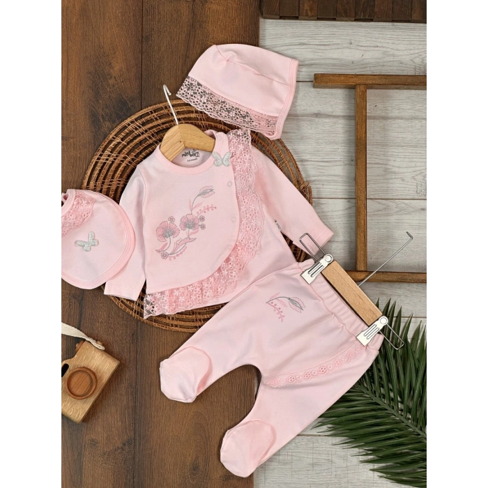 Pamuklu Çiçek Nakışlı Uzun Kollu Kız Bebek Hastane Çıkış Seti