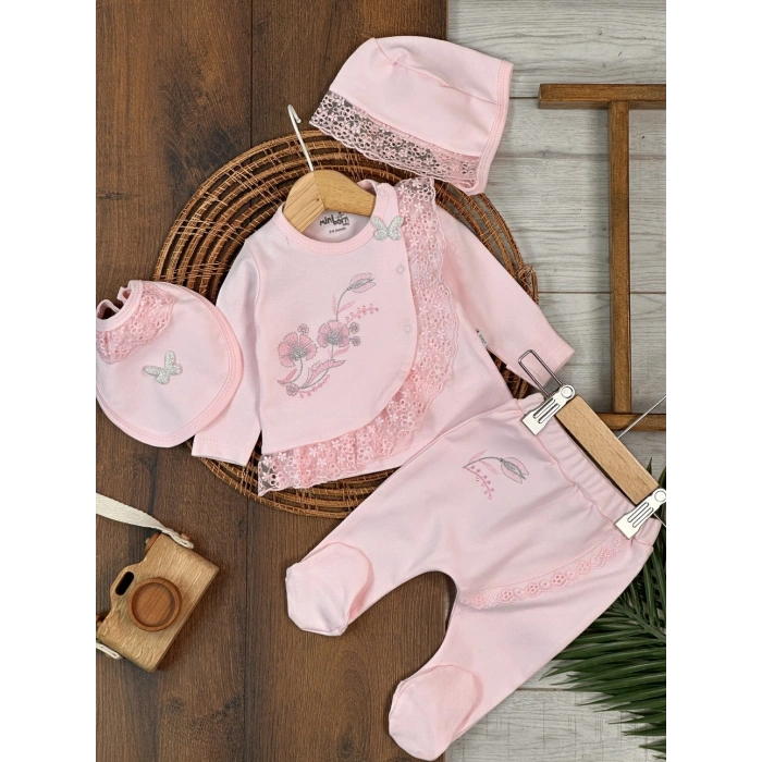Pamuklu Çiçek Nakışlı Uzun Kollu Kız Bebek Hastane Çıkış Seti