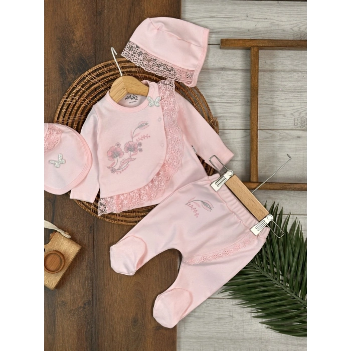 Pamuklu Çiçek Nakışlı Uzun Kollu Kız Bebek Hastane Çıkış Seti
