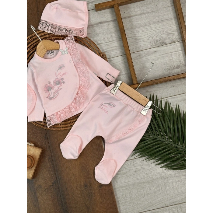 Pamuklu Çiçek Nakışlı Uzun Kollu Kız Bebek Hastane Çıkış Seti