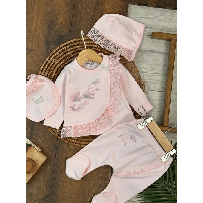 Pamuklu Çiçek Nakışlı Uzun Kollu Kız Bebek Hastane Çıkış Seti