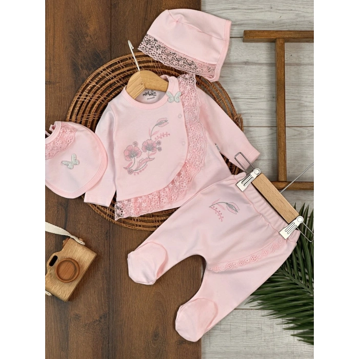 Pamuklu Çiçek Nakışlı Uzun Kollu Kız Bebek Hastane Çıkış Seti