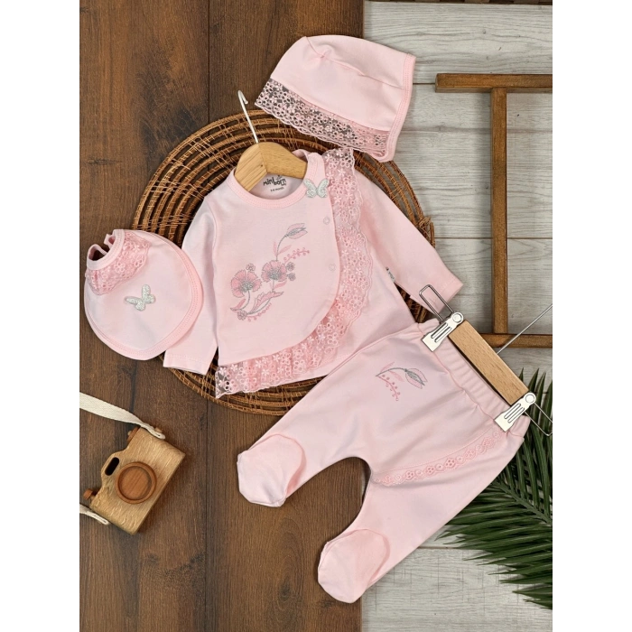 Pamuklu Çiçek Nakışlı Uzun Kollu Kız Bebek Hastane Çıkış Seti