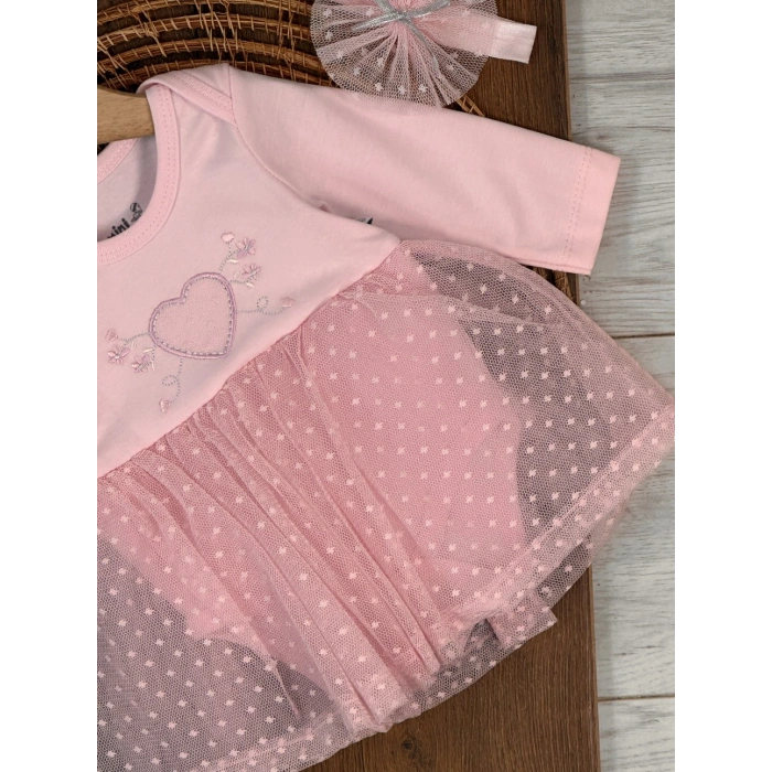 Pamuklu Kalp Nakışlı Kız Bebek Elbise