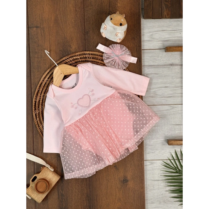 Pamuklu Kalp Nakışlı Kız Bebek Elbise