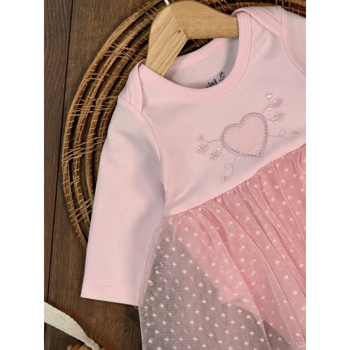 Pamuklu Kalp Nakışlı Kız Bebek Elbise