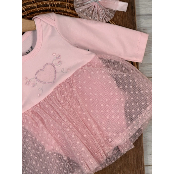 Pamuklu Kalp Nakışlı Kız Bebek Elbise