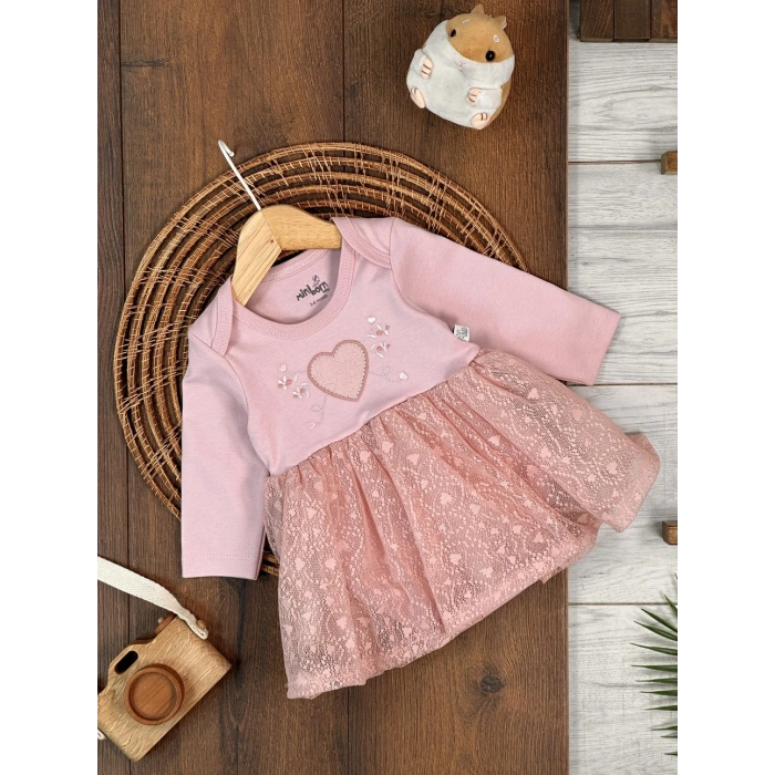 Pamuklu Kalp Nakışlı Uzun Kollu Kız Çocuk Elbise