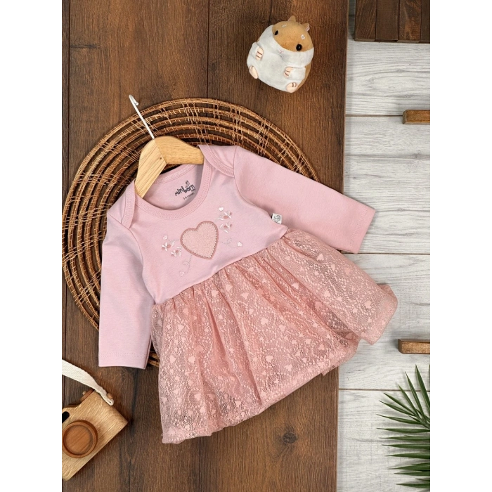 Pamuklu Kalp Nakışlı Uzun Kollu Kız Çocuk Elbise