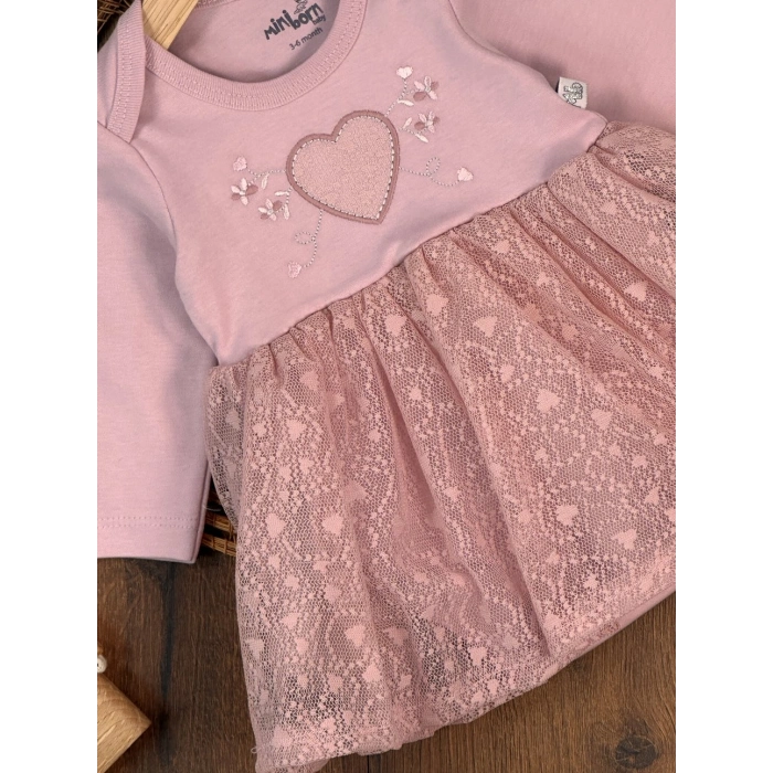 Pamuklu Kalp Nakışlı Uzun Kollu Kız Çocuk Elbise