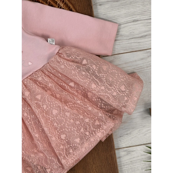 Pamuklu Kalp Nakışlı Uzun Kollu Kız Çocuk Elbise