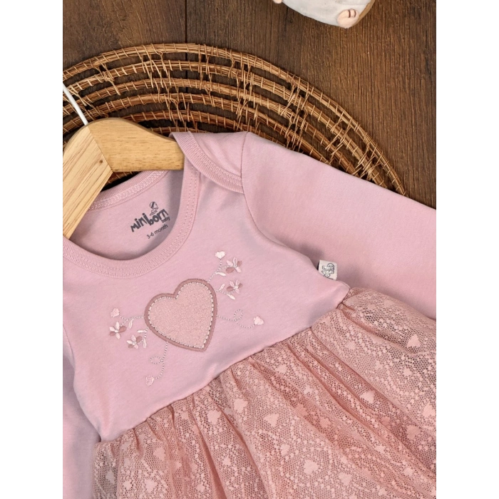 Pamuklu Kalp Nakışlı Uzun Kollu Kız Çocuk Elbise