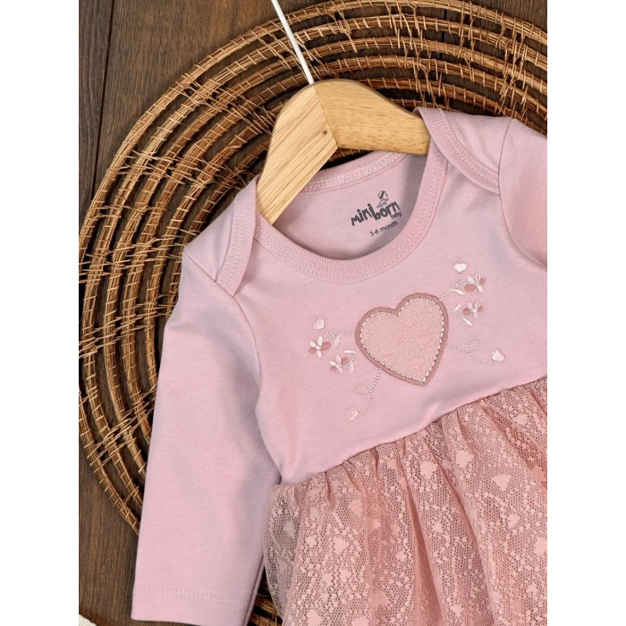 Pamuklu Kalp Nakışlı Uzun Kollu Kız Çocuk Elbise