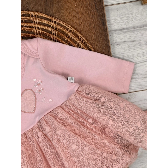 Pamuklu Kalp Nakışlı Uzun Kollu Kız Çocuk Elbise
