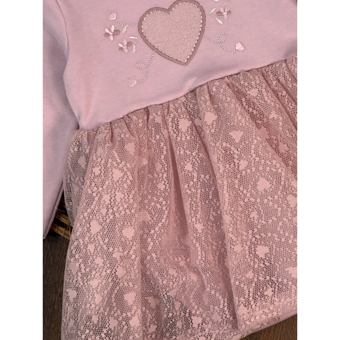 Pamuklu Kalp Nakışlı Uzun Kollu Kız Çocuk Elbise