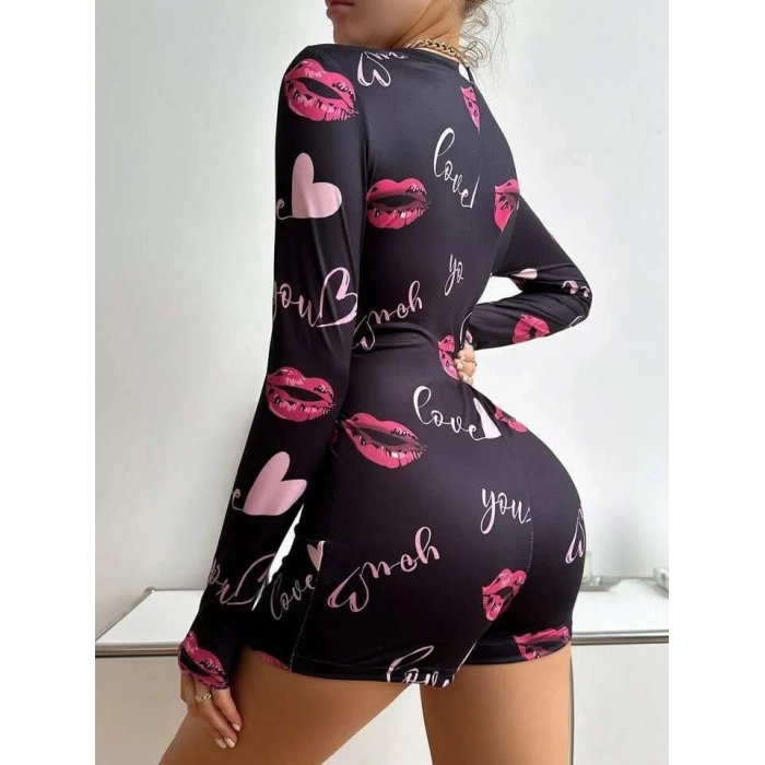 Pamuklu Kırmızı Kalp Desenli Düğmeli Uzun Kol Tulum Pijama