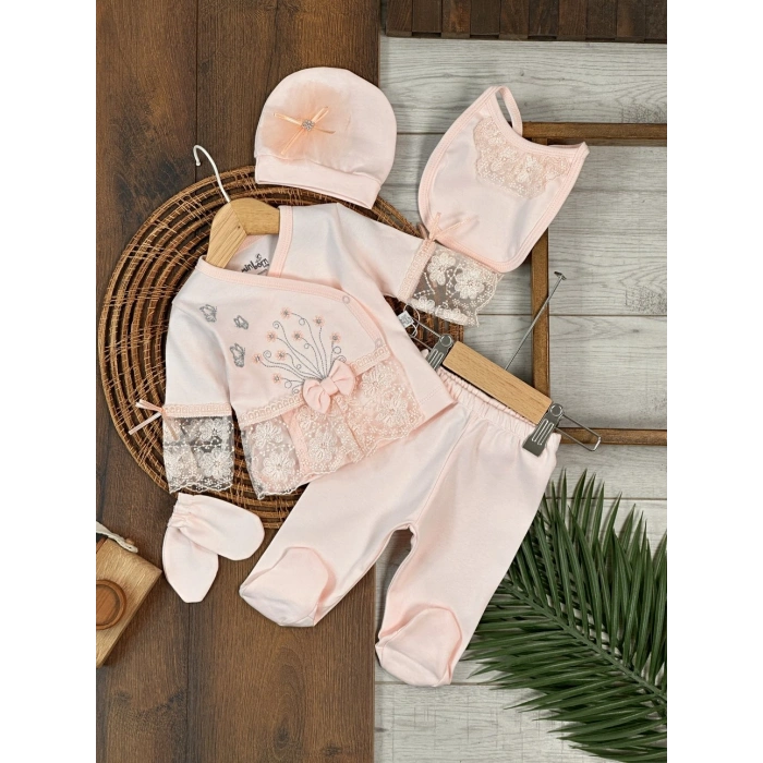 Pamuklu Nakışlı Dantelli Kiz Bebek 5li Hastane Çıkış Seti