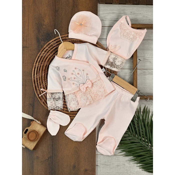 Pamuklu Nakışlı Dantelli Kiz Bebek 5li Hastane Çıkış Seti