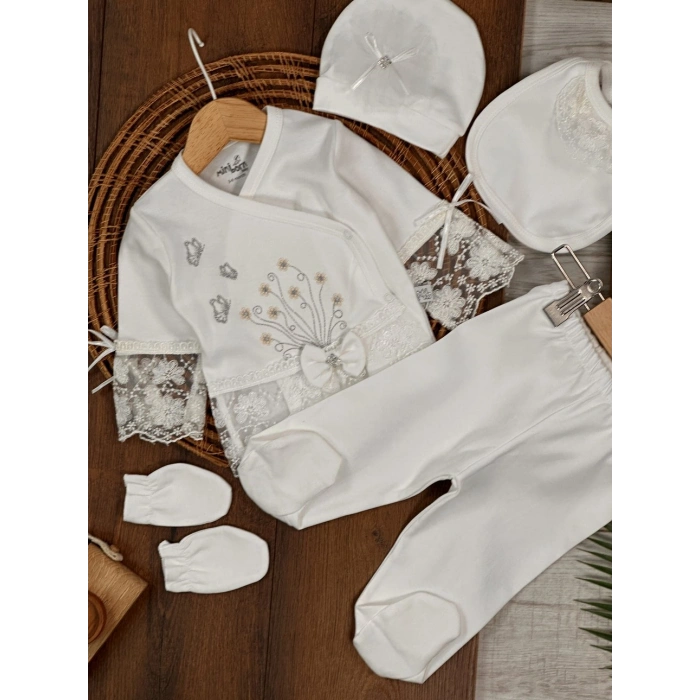 Pamuklu Nakışlı Dantelli Kiz Bebek 5li Hastane Çıkış Seti
