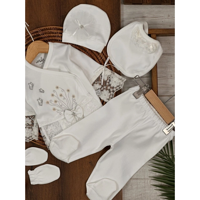 Pamuklu Nakışlı Dantelli Kiz Bebek 5li Hastane Çıkış Seti