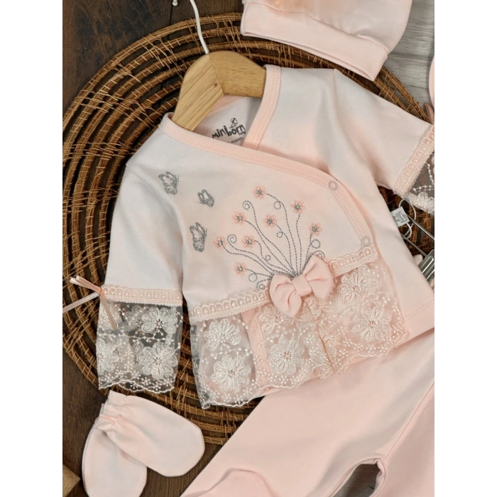 Pamuklu Nakışlı Dantelli Kiz Bebek 5li Hastane Çıkış Seti