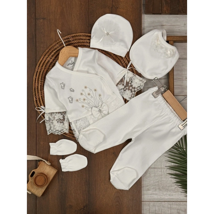 Pamuklu Nakışlı Dantelli Kiz Bebek 5li Hastane Çıkış Seti